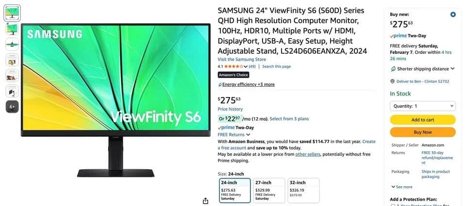 Samsung S24A600NWN Monitors Open-Box Excellent Black