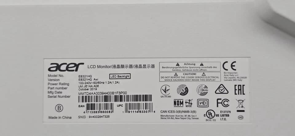 Acer EB321HQ Monitors New Black