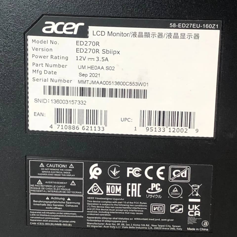Acer ED270R Monitors Used - Very Good Black