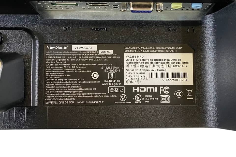ViewSonic VA2256-MHD Monitors New Black