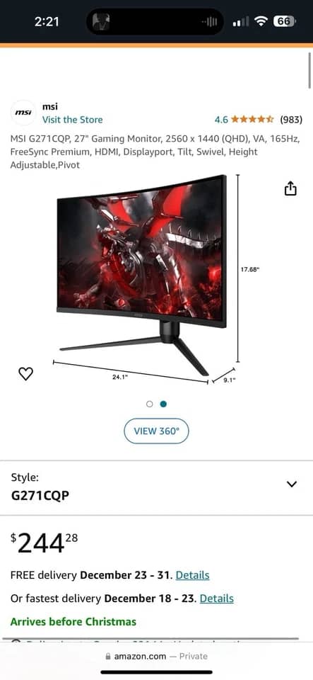 MSI Optix G271 Monitors New Black
