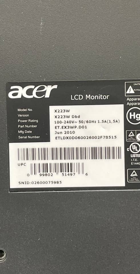 Acer X223W Monitors Used - Good Black