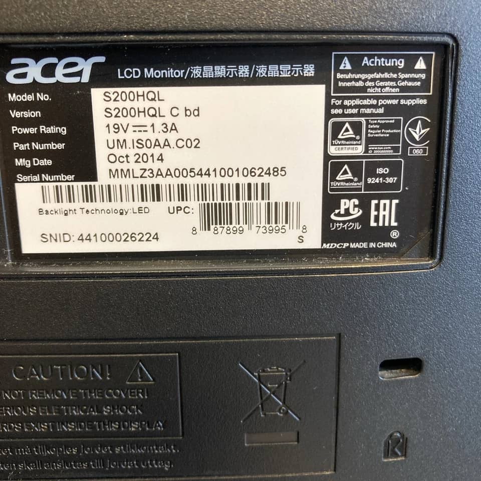Acer S200HQLBD Monitors Used - Good Black