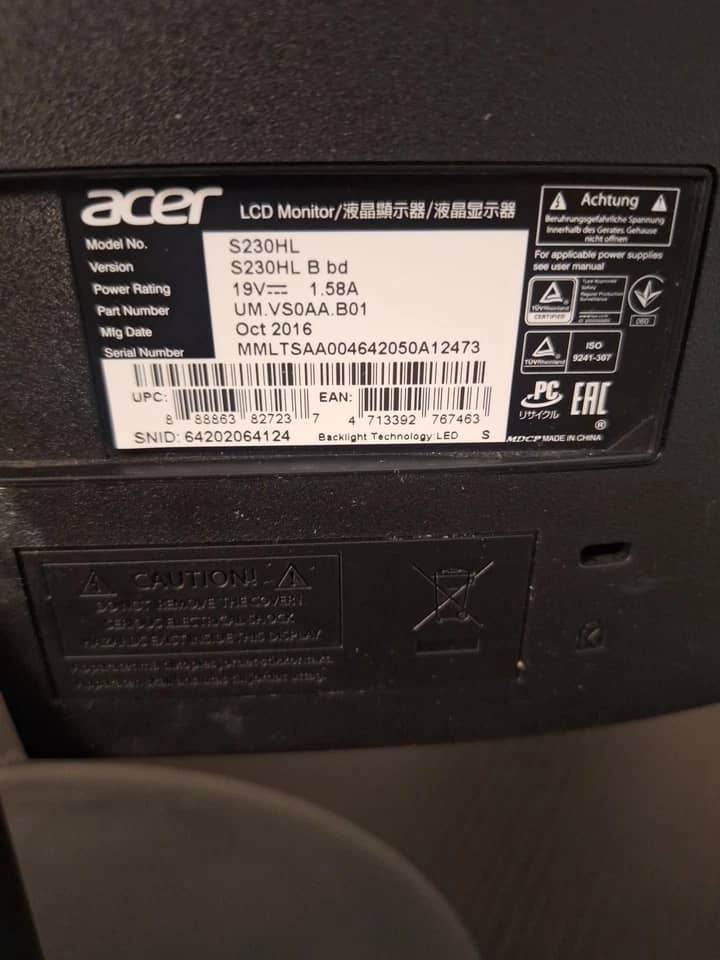 Acer S230HL Monitors Used - Good Black
