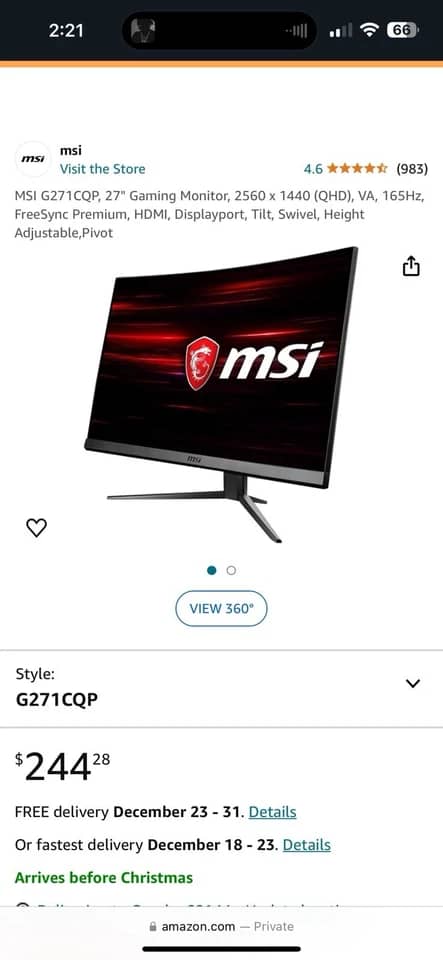MSI Optix G271 Monitors New Black