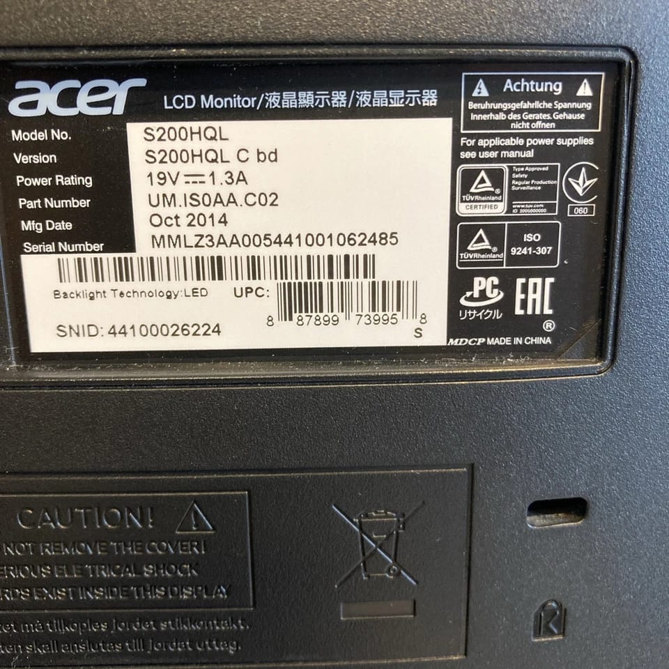 Acer S200HQLBD Monitors Used - Good Black