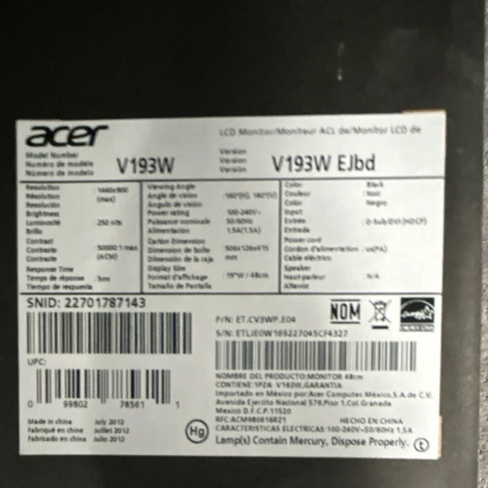 Acer V193W Monitors