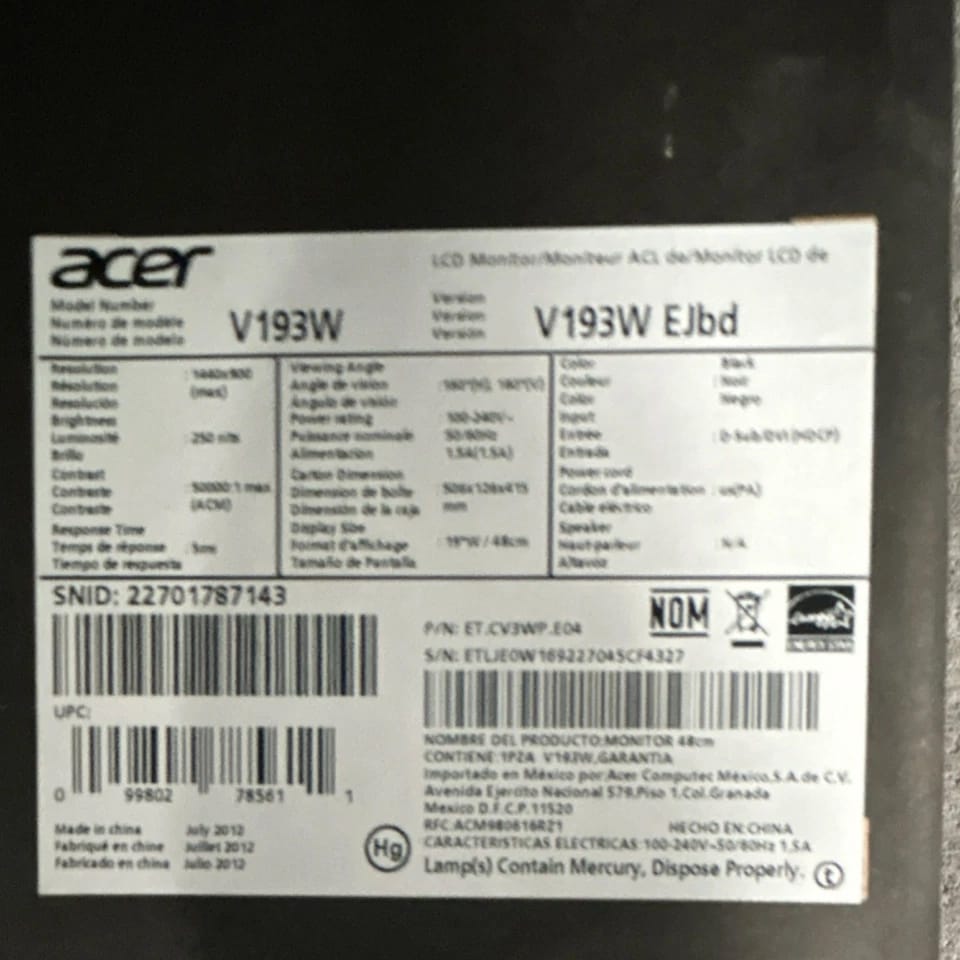 Acer V193W Monitors New Black